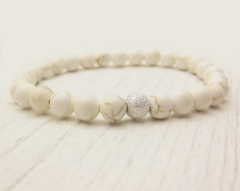 White Turquoise Bead Bracelet w/ Sterling Silver Stardust Bead / neutral cream ivory pale soft dreamy stones / bohemian stacking bracelet