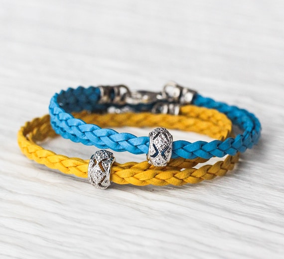 Blue & Yellow Leather CZ Bangle Bracelet Set / Bright Colorful Sky Pool Blue Lemon Sunshine Yellow / Boho Braided Wrap Bracelets
