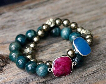 Ruby Apatite Statement Bracelet / Fine Jewelry Sterling Silver Bead Bracelet / Deep Dark Blue Green Ruby Red Pink July Birthstone Cats Eye