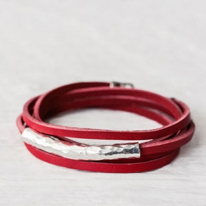 Red Leather Wrap Bracelet in Karen Hill Tribe Silver with Bali Sterling Silver, Berry Cherry Bright Apple Red, Eco Friendly Unisex Bracelet image 1