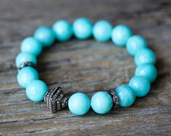 Peruvian Amazonite Diamond Pyramid Pave Bracelet / Luxury Boho Bracelet / Beaded Bracelet / Stacking Bracelet / Natural Gemstone / Sky Blue