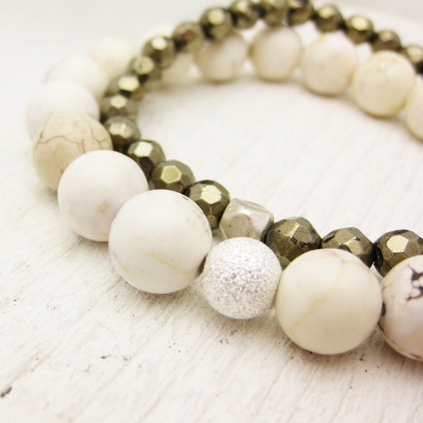 Pyrite & White Turquoise (Magnesite) Bead Bracelet Set / white fools gold rustic natural woodland golden stacking natural nature