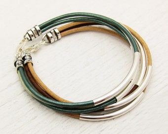 Aqua Teal Leather Bangle Bracelet / Sterling Silver Tubes Bracelet / Eco Friendly Bracelet / Pistachio Mint Green / woodland nature inspire