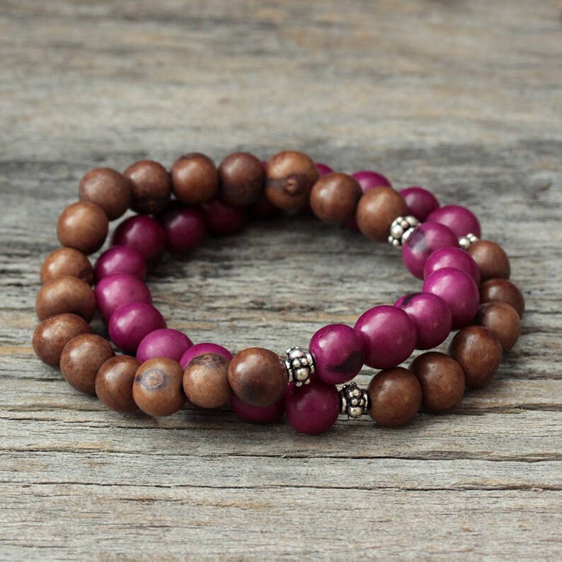 Plum Brown Boho Stacking Bracelet / Berry Fuchsia Chocolate Beadwork in Sterling Silver, Colorful Radiant Orchid Inspired Acai Seed / Tribal image 4
