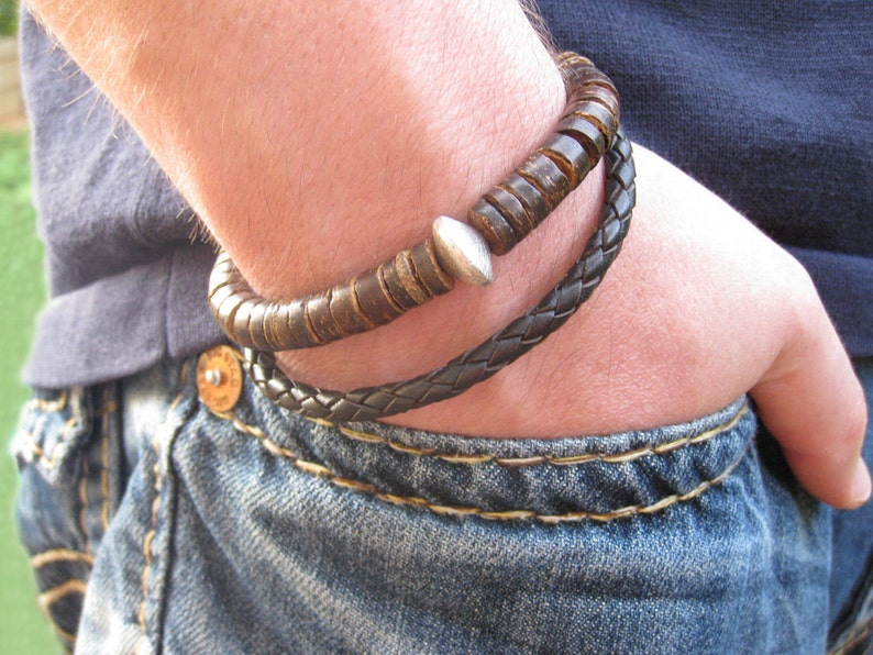 Mens Bolo Braided Bracelet / Antiqued Brown Leather and Sterling Silver / men dude guy man / rustic rugged tough bohemian manly rocker style image 3