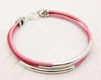 Pink Leather Sterling Silver Bangle Bracelet / Eco Friendly Leather Bracelet / Bright Pink Bracelet / Sterling Silver Bangle Bracelet