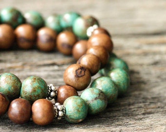Turquoise Chocolate Seed Bracelet, Acai Sterling Silver Bohemian Beadwork Stacking Aqua Blue Mocha Brown Woodland Inspired Fall Bracelet