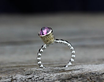 Anello di granato Gold Crown Rhodonite, Boho 14k anello in oro, anello di istruzione di Sterling, accatastamento anello, Spike anello, rosa della pietra preziosa, anello reale, per lei