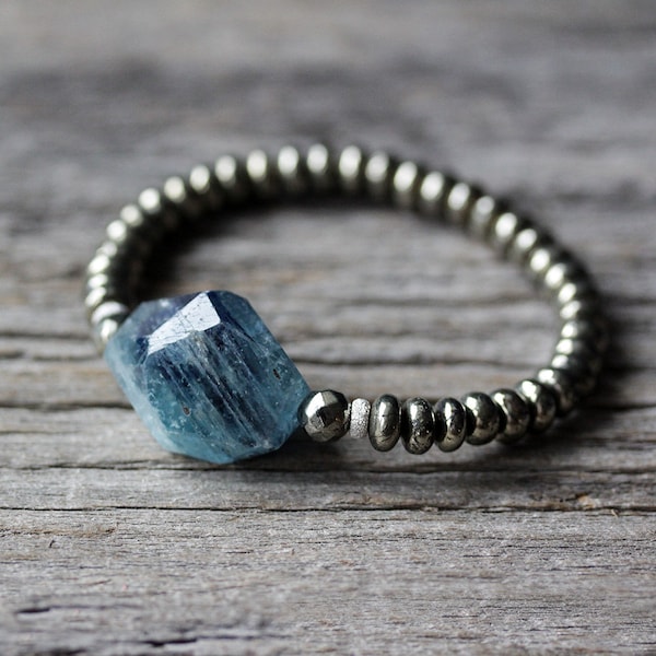 Kyanite 14k Gold Beaded Bracelet /  Pyrite Statement Beadwork Bright Blue Gold Natural Gemstone, Deep Sea Blue, Boho Bracelet
