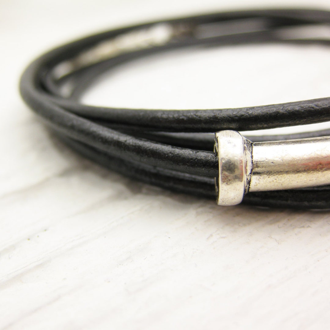 Gunmetal Unisex Leather Wrap Bracelet in Solid Sterling Silver - Etsy