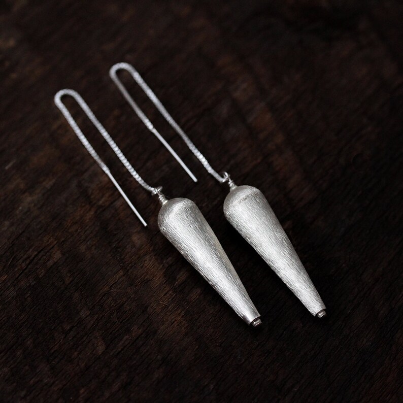 Sterling Spike Drop Earrings / Hill Tribe Silver Statement Earrings / Dangle Brushed Silver Chain Valentine Earrings / Modern Bold Geometric image 4