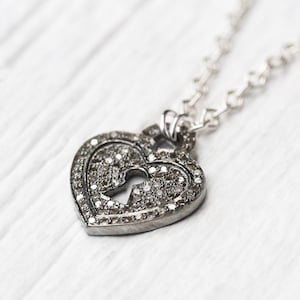 Diamond Heart Charm Necklace, Sterling Silver Key Lock Pendant, Love Anniversary Engagement Gift April Birthstone Wedding, Everyday Necklace image 4