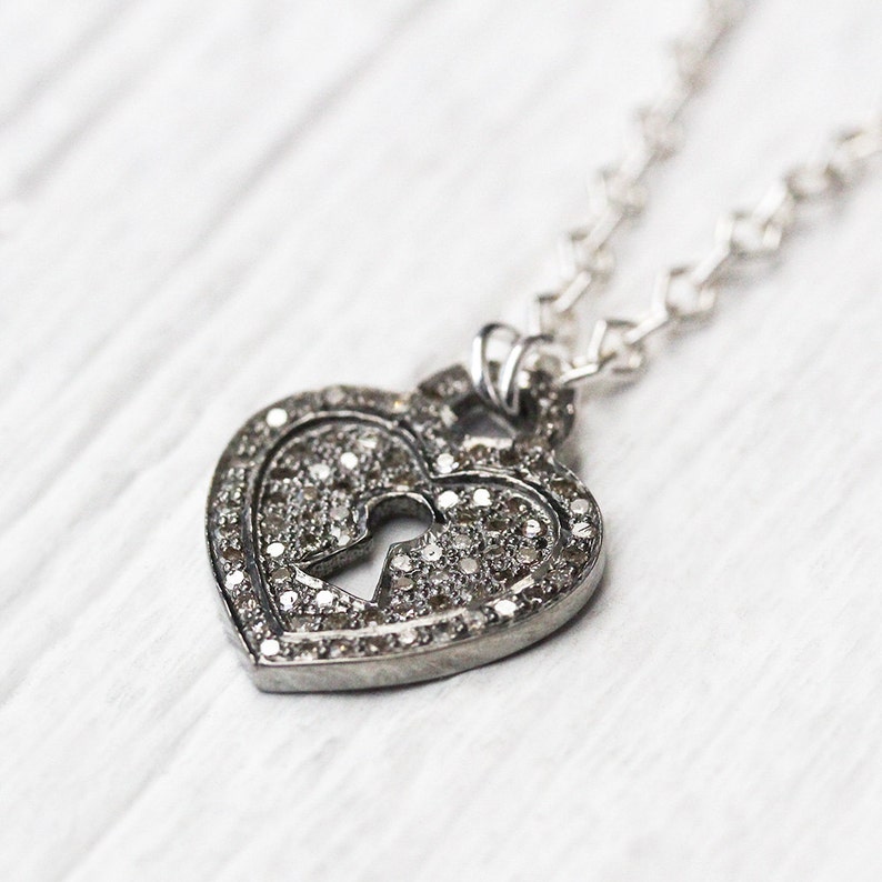 Diamond Heart Charm Necklace, Sterling Silver Key Lock Pendant, Love Anniversary Engagement Gift April Birthstone Wedding, Everyday Necklace image 4