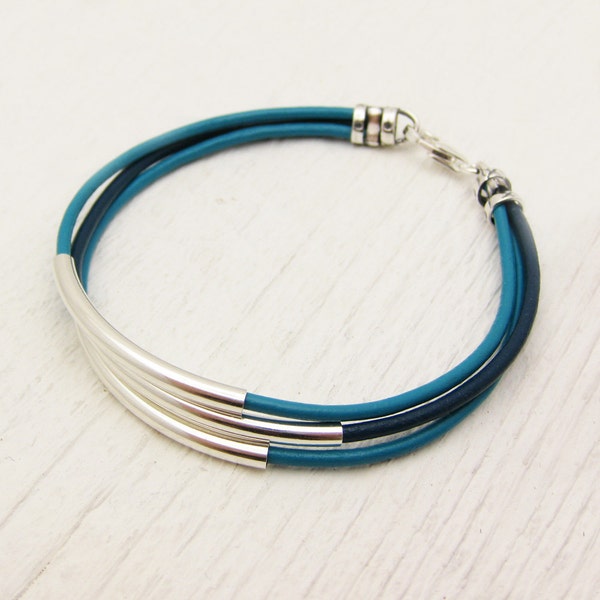 Turquoise Aqua Blue Leather & Sterling Silver Bracelet / unisex silver comfort natural  / geometric boho bohemian stacking bangle modern