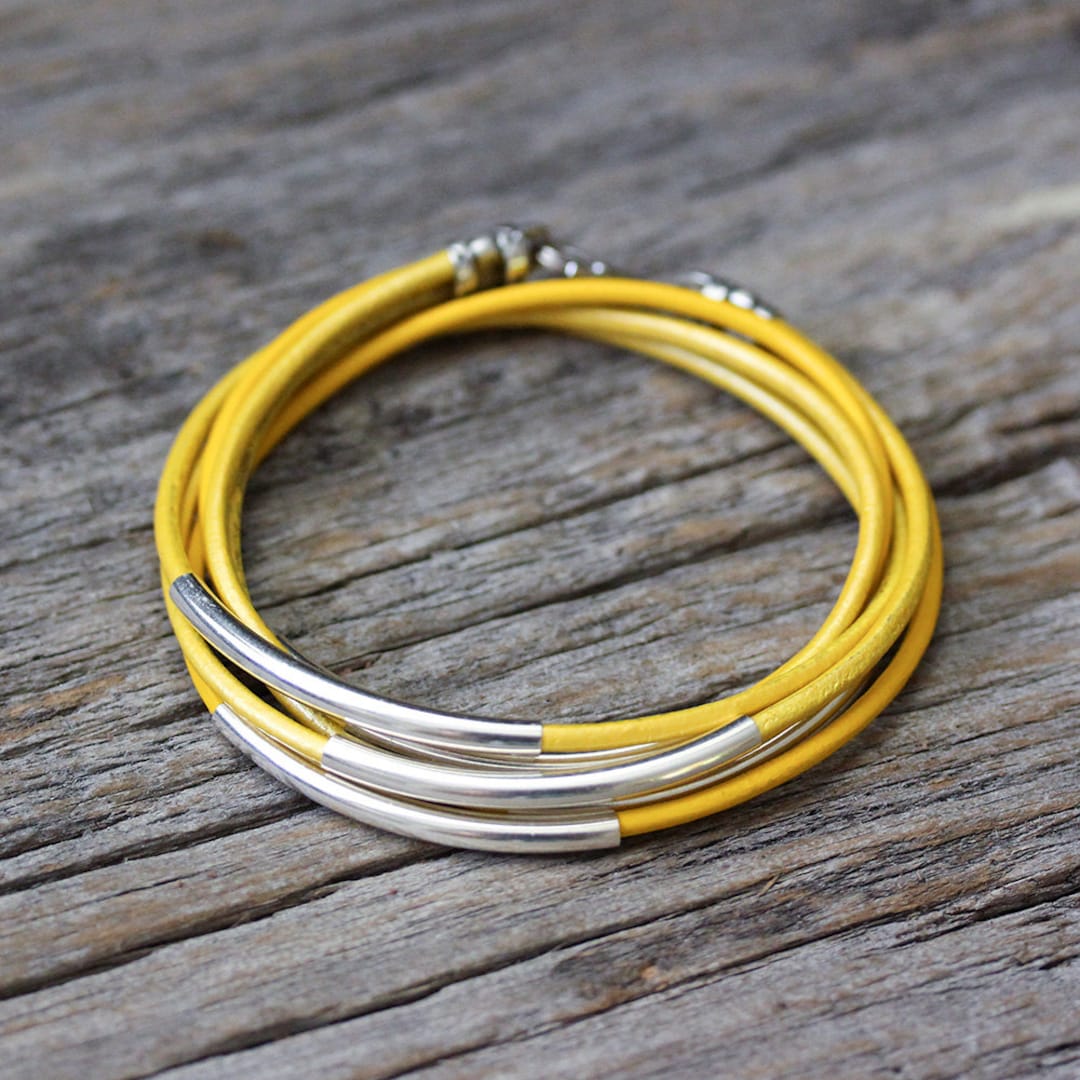 Yellow Leather Wrap Bracelet / Eco Friendly in Sterling Silver / Bright ...