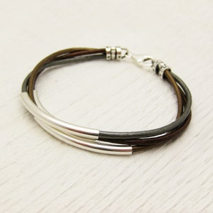 Metallic Leather & Sterling Silver Bracelet / unisex gold silver bronze metal rustic comfort natural  / boho bohemian stacking bangle moder
