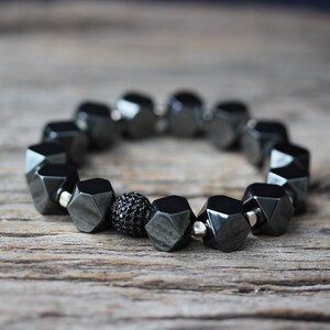 Hämatit Armband in Karen Hill Tribe Silber / Perlen-Perlen Armband ebnen / Dark Storm Metallic-grau, glänzend schwarz CZ Party Schmuck Modern