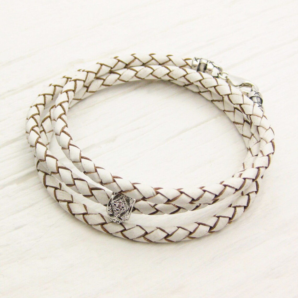 White Leather Sterling Wrap Bracelet / Bohemian Cream Natural Etsy