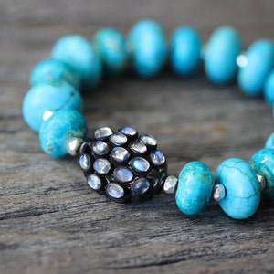 Moonstone Turquoise Statement Bracelet / Natural Stone Beadwork, Stacking Bracelet with Karen Hill Tribe Silver, Bohemian Boho Bright Blue image 1
