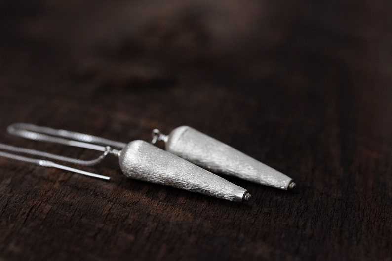 Sterling Spike Drop Earrings / Hill Tribe Silver Statement Earrings / Dangle Brushed Silver Chain Valentine Earrings / Modern Bold Geometric image 2
