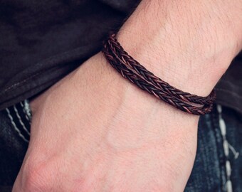 Braided Leather Unisex Wrap Bracelet, Sterling Silver Men's Leather Bracelet Chocolate Brown Eco Friendly Two Tone Bohemian Beach Man