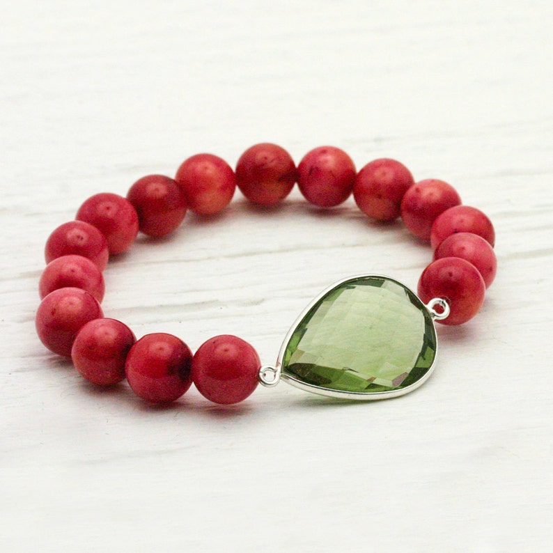 Watermelon Jade & Quartz Teardrop Statement Bracelet / Gemstone Beadwork Sterling, Red Melon Pink Berry Lime Green, Jewel Tone, Gift for Her image 3