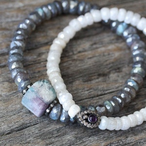 Raw Tourmaline Diamond Bracelet with Diamond Labradorite Beadwork, Pave in Sterling Beaded Bracelet, Storm Grey Purple, White, Blue, Pink image 1