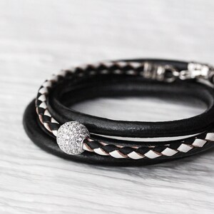 Black White Sterling Pave Bangle Bracelet / Checker Eco Friendly Leather, Modern Geometric Bling Bangle Bracelet / Boho Stacking Bracelet image 2