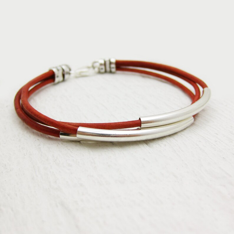 Red Leather Bangle Bracelet Solid Sterling Silver Tubes, Berry Deep Blood Crimson Valentine Red, Romantic Scarlet Bohemian Stacking Bracelet image 2