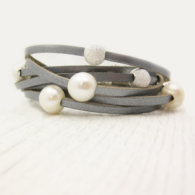 Sterling Silver Pearl and Leather Wrap Bracelet / Fresh Water Pearl & Eco Friendly Leather / romantic dreamy ocean wedding star inspired image 3