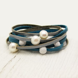 Blue Silver Pearl Leather Wrap Bracelet, Eco Friendly Wrap Bracelet, Boho Wrap Bracelet, Gladiator Wrap Bracelet, Wedding Inspired Wrap