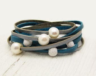 Blue Silver Pearl Leather Wrap Bracelet, Eco Friendly Wrap Bracelet, Boho Wrap Bracelet, Gladiator Wrap Bracelet, Wedding Inspired Wrap