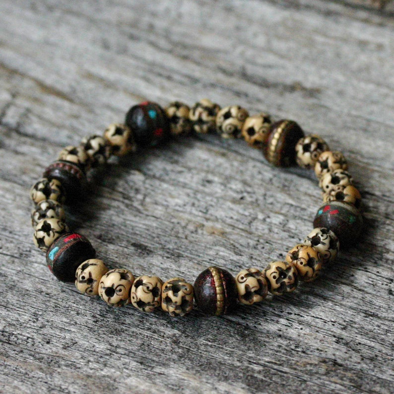 Unisex Boho Tribal Bone Beadwork Bracelet, Nepal Inlaid Bone, Red Coral Blue Turquoise, Carved Brown Neutral Bone, Rustic Bohemian Ethnic image 2