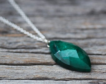 Emerald Marquis Pendant Necklace, Genuine Emerald Beryl, May Birthstone Sterling Silver Romantic Simple Charm Necklace Woodland Forest Green