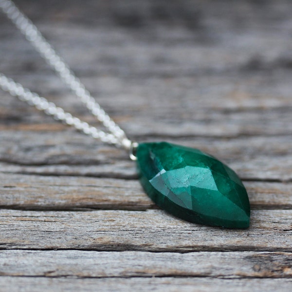 Emerald Marquis Pendant Necklace, Genuine Emerald Beryl, May Birthstone Sterling Silver Romantic Simple Charm Necklace Woodland Forest Green