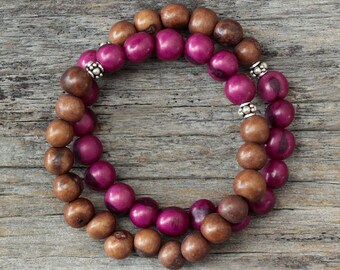 Plum Brown Boho Stacking Bracelet / Berry Fuchsia Chocolate Beadwork in Sterling Silver, Colorful Radiant Orchid Inspired Acai Seed / Tribal