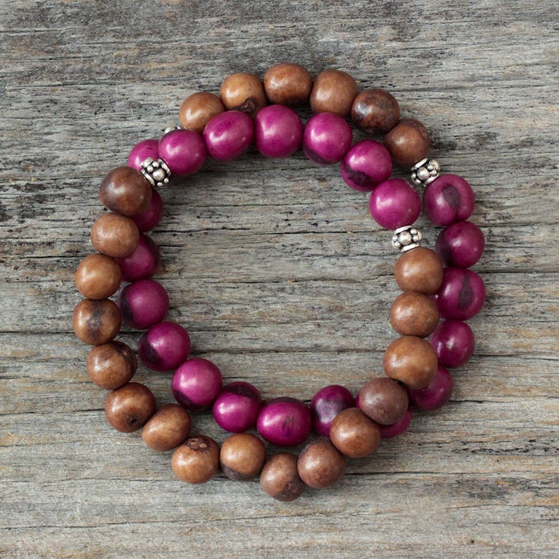 Plum Brown Boho Stacking Bracelet / Berry Fuchsia Chocolate Beadwork in Sterling Silver, Colorful Radiant Orchid Inspired Acai Seed / Tribal image 1