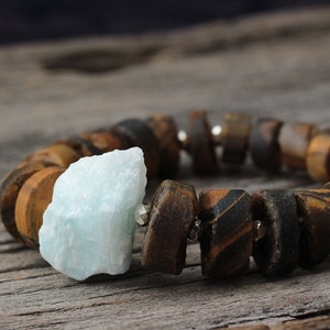 Ojo de tigre cuarzo azul pulsera del grano, tribu de la colina de abalorios plata Iceberg Pastel pálido, café caramelo marrón piedras naturales crudas, Tribal bohemio imagen 4