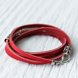 Red Leather Wrap Bracelet in Karen Hill Tribe Silver with Bali Sterling Silver, Berry Cherry Bright Apple Red, Eco Friendly Unisex Bracelet image 2