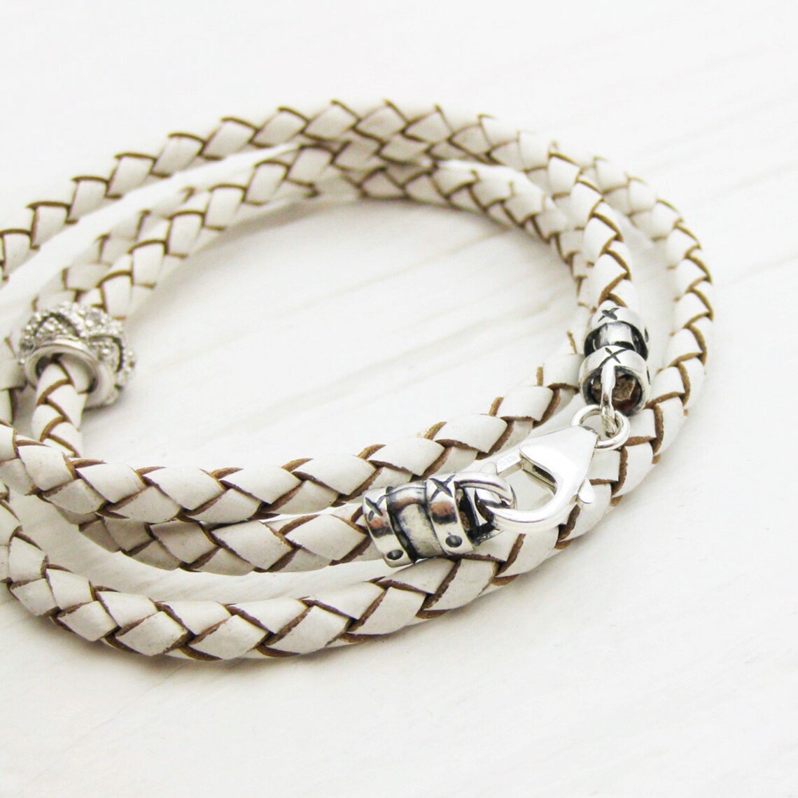 White Leather Sterling Wrap Bracelet / Bohemian Cream Natural Etsy