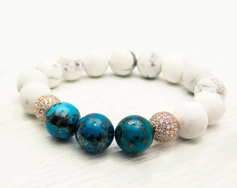 Congo Chrysocolla Pave Bead Bracelet / Snow White Howlite Sterling Silver CZ Hand Set Pave / deep sea blue / pave bling / bright ocean blue