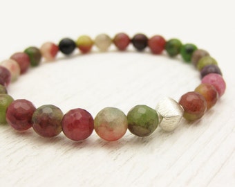 Colorful Jade Bead Bracelet with Brushed Sterling Silver Diamond / Stacking Bracelet / green pink melon watermelon fall fresh colors