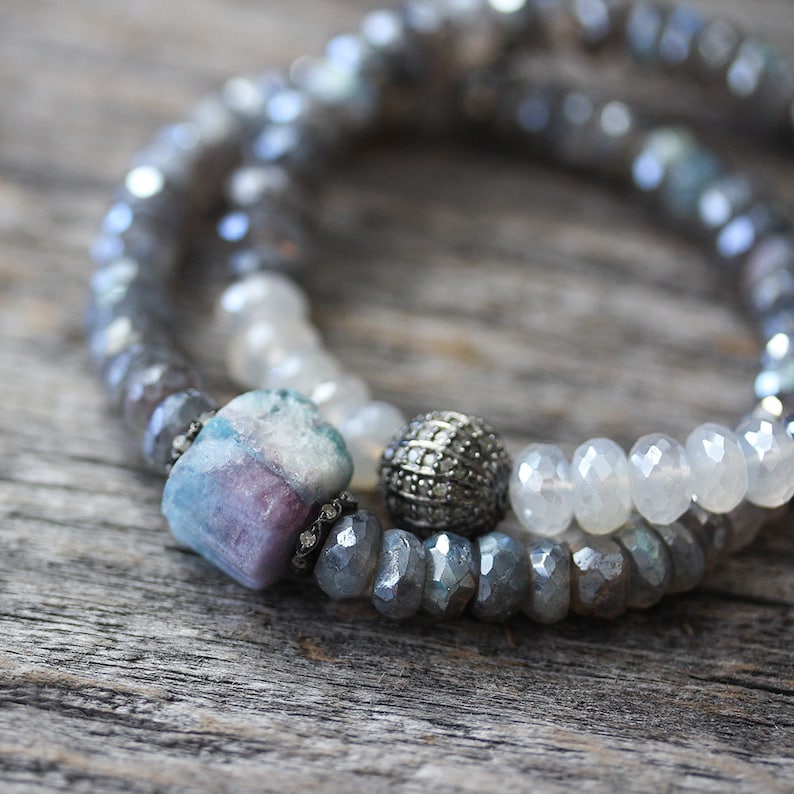 Raw Tourmaline Diamond Bracelet with Diamond Labradorite Beadwork, Pave in Sterling Beaded Bracelet, Storm Grey Purple, White, Blue, Pink image 4