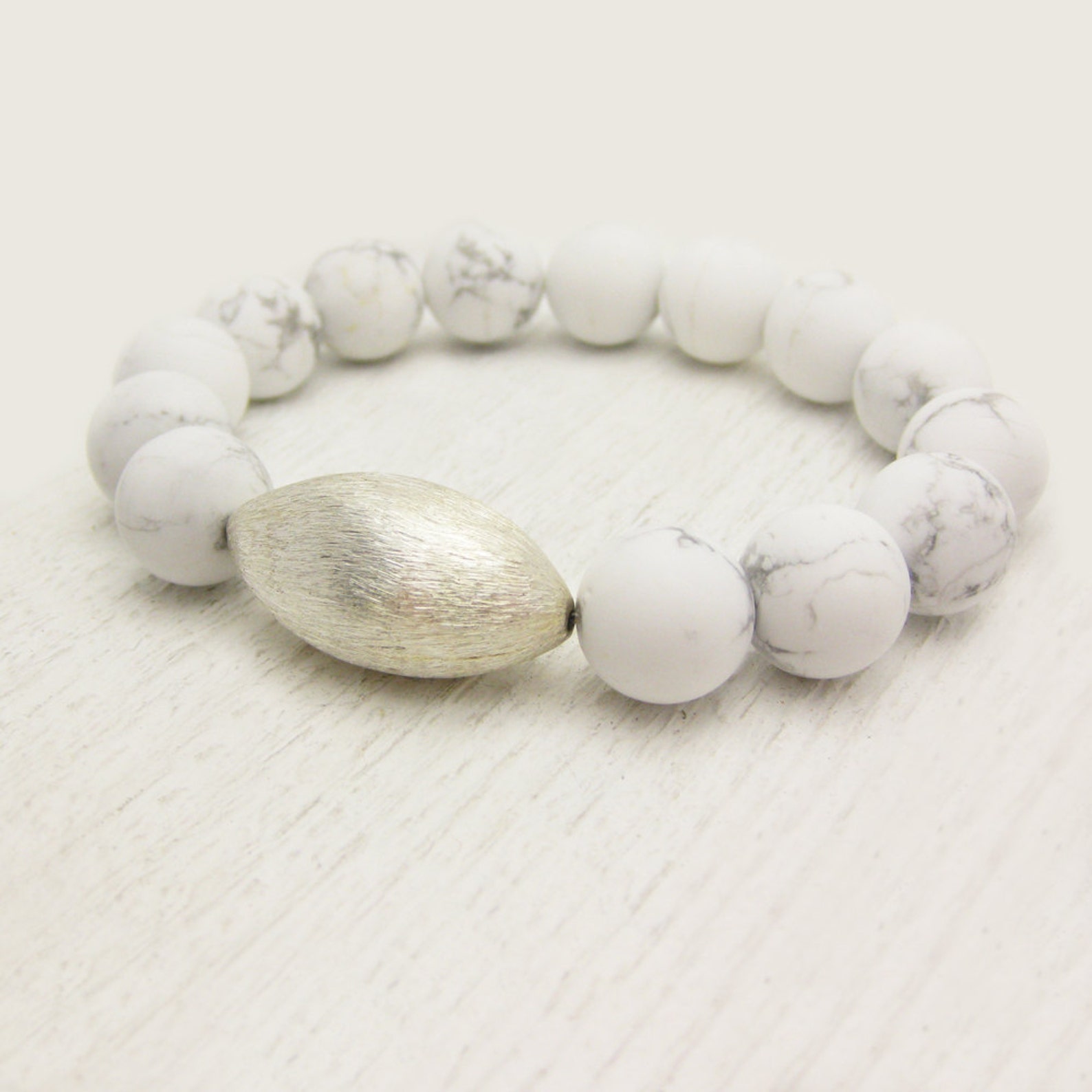 White Grey Howlite Statement Bracelet with Brushed Sterling | Etsy