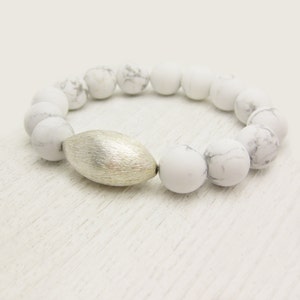 White Grey Howlite Statement Bracelet With Brushed Sterling Silver ...