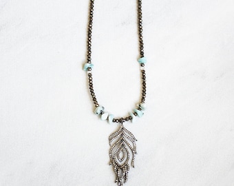 Diamond Feather Aquamarine Boho Necklace / Long Necklace, Bohochic Jewelry, Diamond Pave, Larimar, Pyrite, Fools Gold, Bohemian, Gypsy