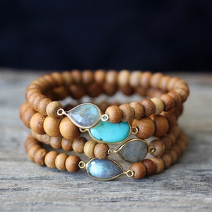 Sandalwood Boho Bead Bracelets, Labradorite Turquoise 14K Gold Vermeil Fragrant Wood Stacking Bracelet, Blue, Green Bohemian Beadwork image 1