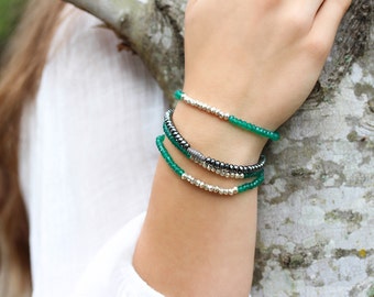 Boho Green Onyx Stacking Bracelets in Karen Hill Tribe Silver / Emerald Green Bohemian Bohochic Beaded Bracelet, Natural Gemstones, Fashion