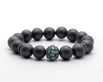 Luxury Blue Topaz Diamond Bracelet, Sterling Silver Beadwork Hematite, Pave Bracelet, Smoke Black Gray Bright Sky Blue December Birthstone