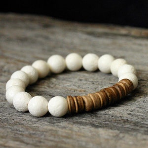 Coral Coconut Stacking Bracelet / Pure White Toffee Caramel Brown Heishi / Earth Tones Neutral Fashion Jewelry Staple Beadwork Bracelet